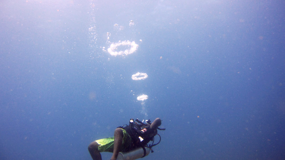 ...and blows some bubble rings to while away the time during our safety stop at Snappers Ledge, Cades Reef.