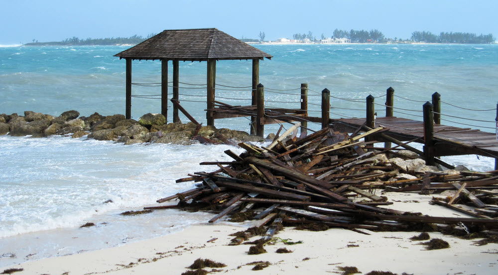 More wreckage from the main pier, beside the smaller pier. Sandals Island in the distance - also badly damaged.
