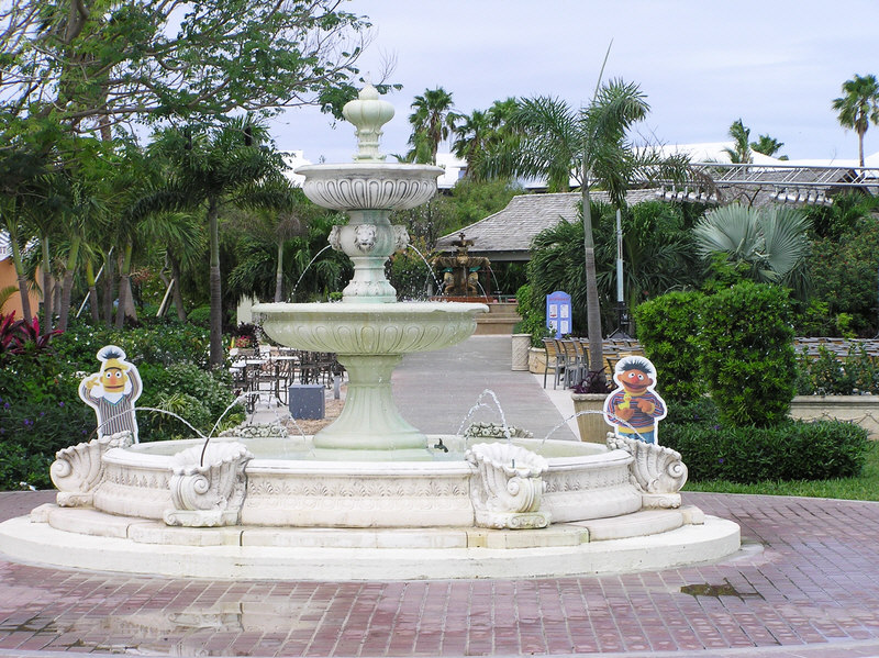 Ornamental fountains adorned with Sesame Street characters. (207k)