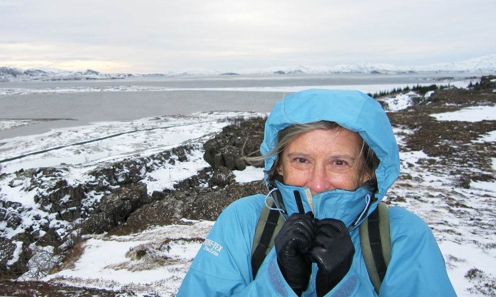 Linda at the national park viewpoint, as we realise how cold it's going to get today. 