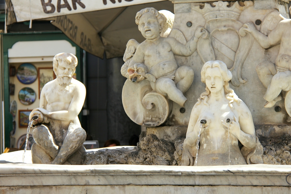 A charming marble fountain in Amalfi's main square opposite the cathedral steps.