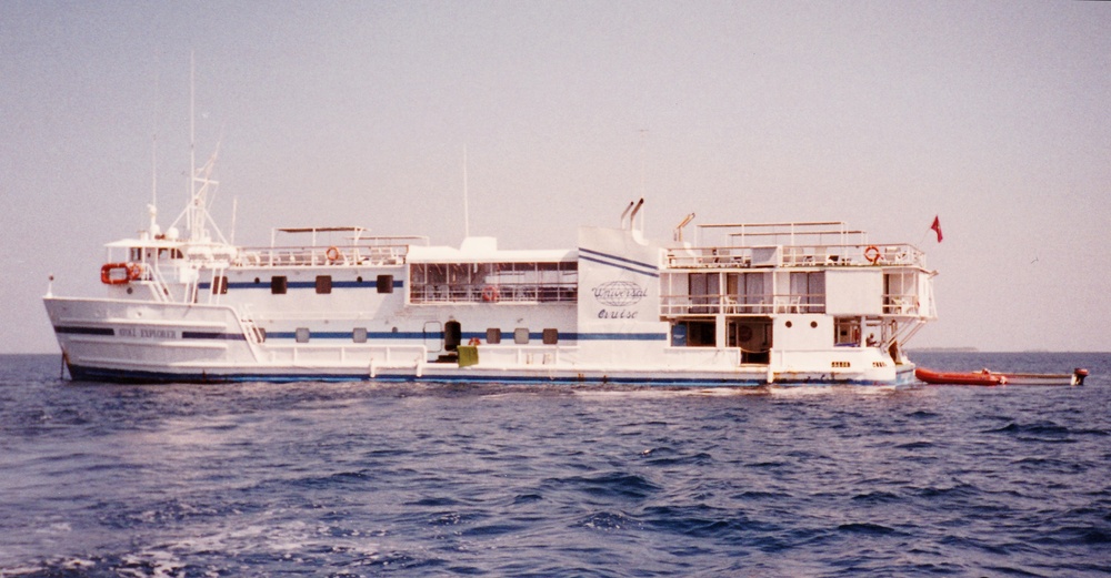 MV Atoll Explorer.  The restaurant is midships, with the dive centre at the stern.