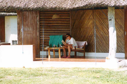 Linda staying in the shade on our verandah. (32k)