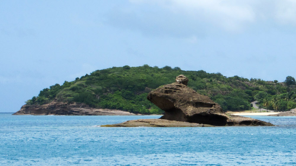 Hawksbill Rock, from the dive boat. It's supposed to remind you of a Hawksbill turtle coming up for air.