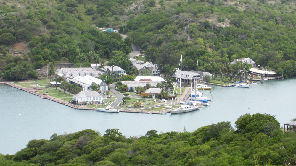 Nelson's Dockyard from Dow Hill Fort. The British Royal Navy dominated the Caribbean from this tiny dock, which Nelson described as a hell-hole.