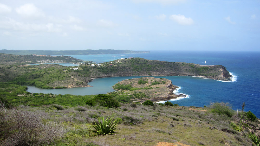 Indian Creek from Shirley Heights, including Eric Clapton's hideaway on Standfast Point at the far right. 