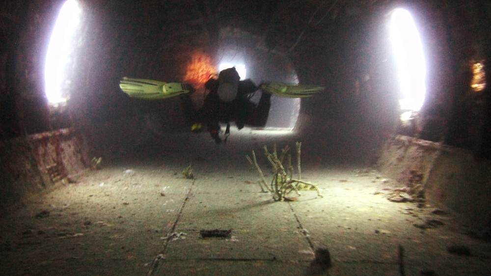 Following buddy Alexandra as she swims through the fuselage from the back towards the cockpit. The seats were removed before the aircraft was sunk.