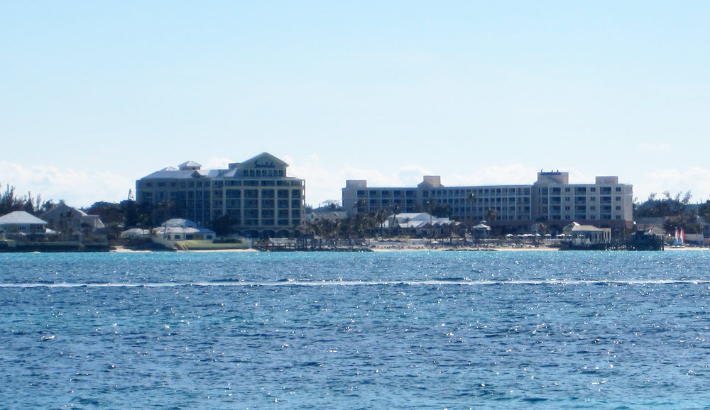 Sandals Royal Bahamian as seen from the offshore island: Balmoral block on the left and Windsor block on the right.