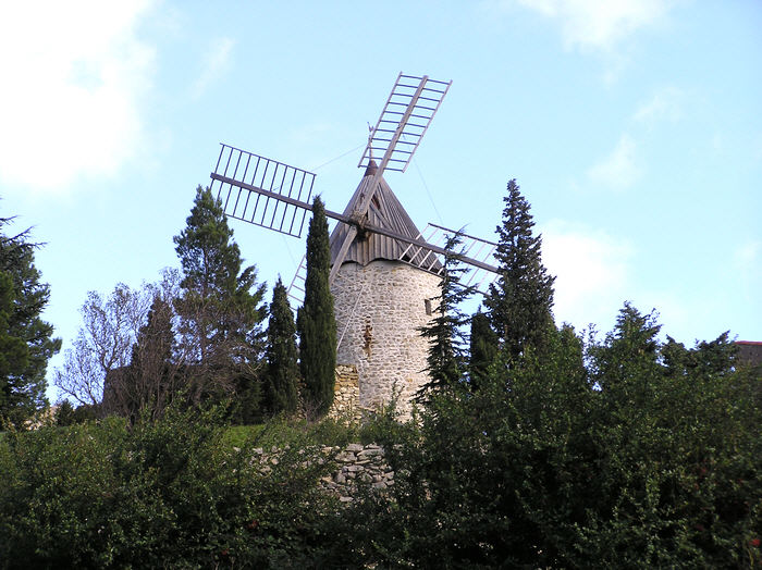 Windmill in the picturesque village of Cucugnan.  (95k)