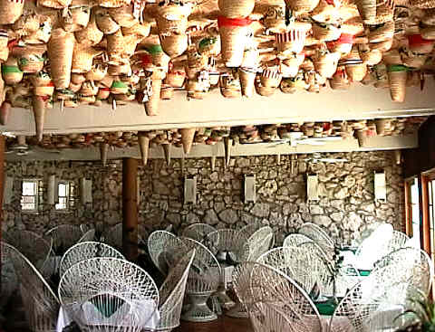 The bizarre ceiling, made out of Mexican hats, in the Spanish Bay hotel