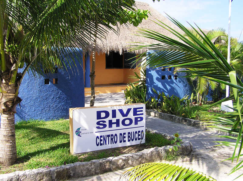 The dive centre is by the beach and the centre's jetty. (131k)