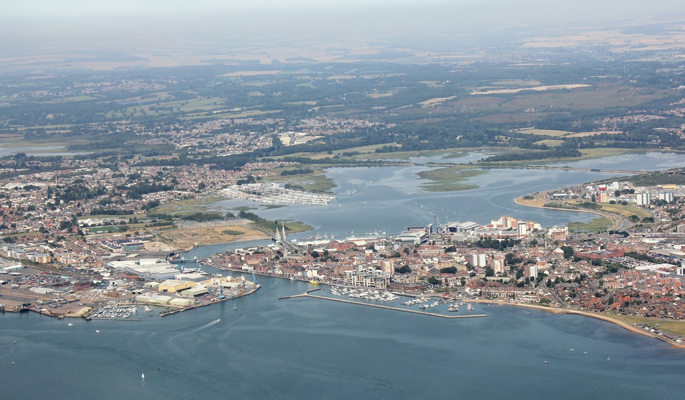 Poole, with its two lifting bridges just visible.