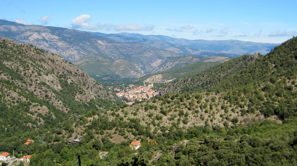 The town of Vernet-les-Bains dwarfed by the mountains at this end of the Pyrenees.