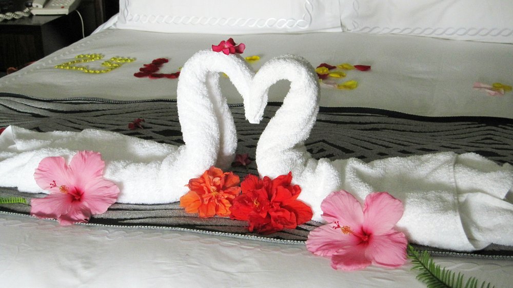 Our butlers decorated our bed on our silver wedding anniversary.