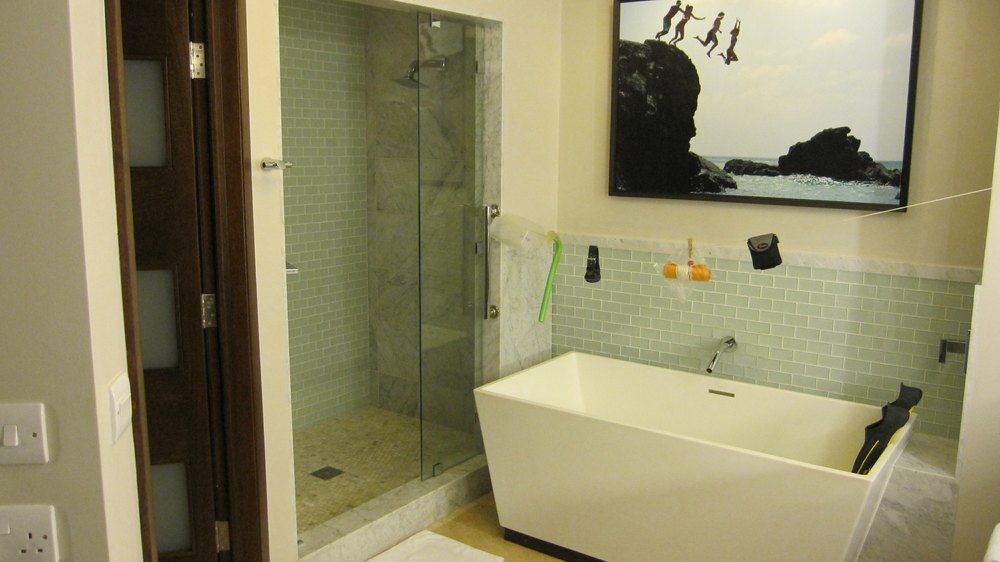The bathroom, featuring a superfluous bath and a shower with room for a small cocktail party.