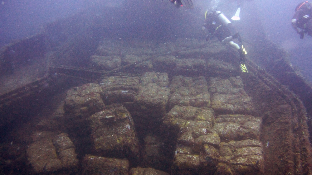 The solidified cement sacks in the hold of the MV Shak'em.