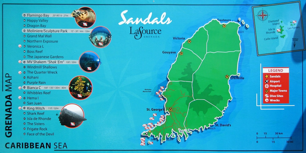 Signboard outside the watersports centre showing some of the dive sites around Sandals.