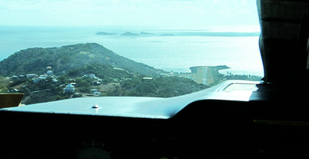 The rather scary approach to Union Island airport.  There's a sharp ridge to get over just before the runway.