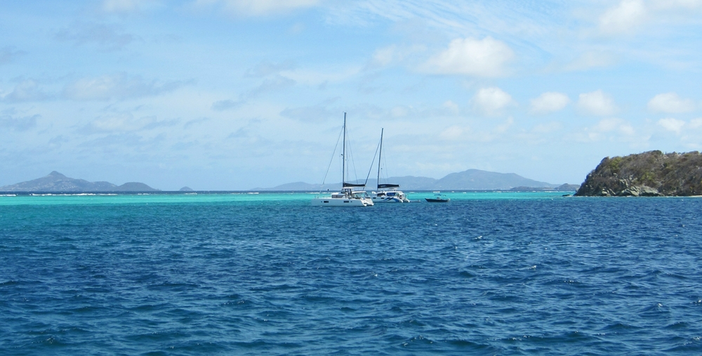 Still at anchor in the Tobago Cays, looking back towards Mayreau and Union Island.