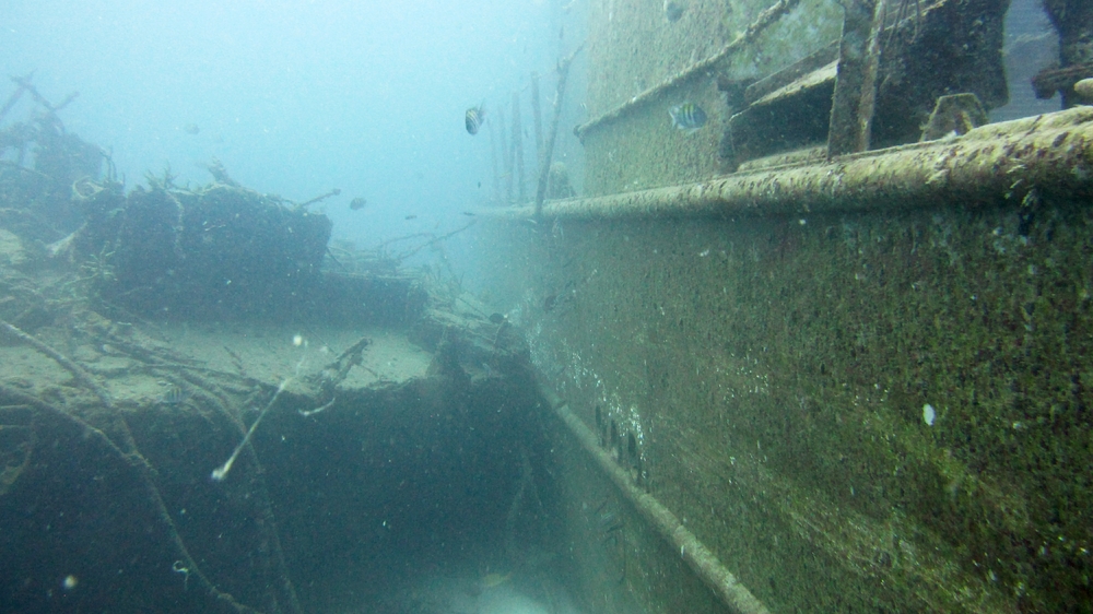 On the right, the Tyrell Bay. On the left, a Cuban cargo ship, made out of pre-stressed concrete, which was deliberately sunk in 2018 
          further up the reef, but which has since slid down the reef and come to rest against the Tyrell Bay.