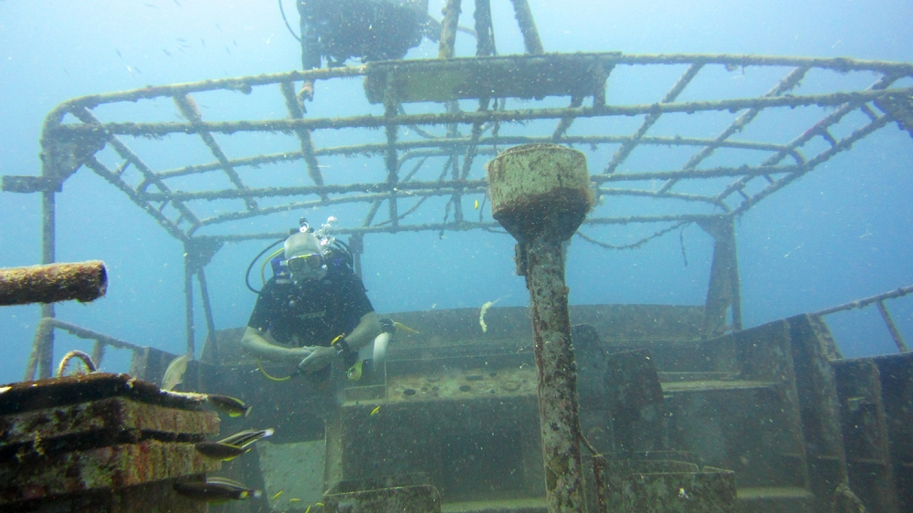 My dive buddy Bob on the bridge of the Tyrell Bay.