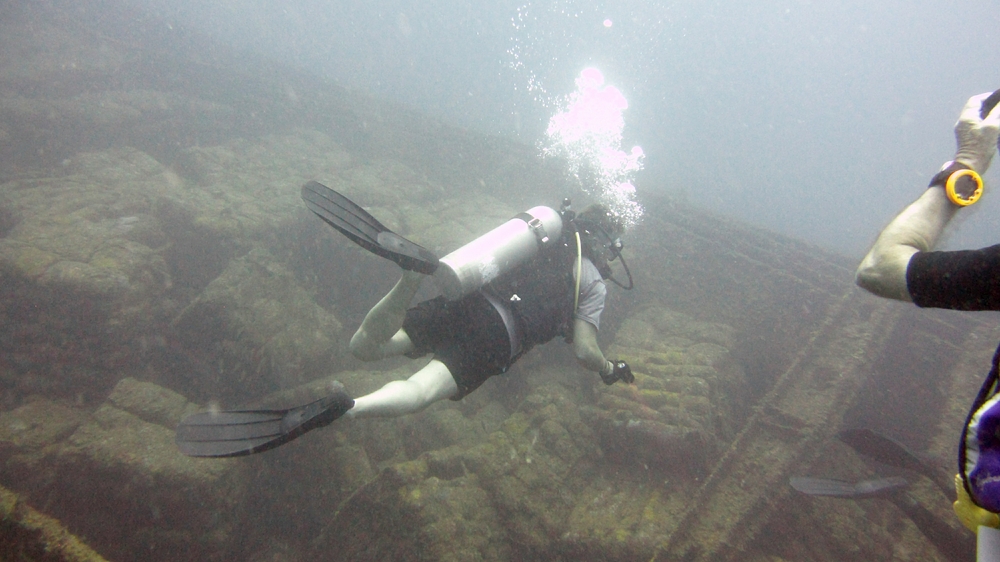 On the wreck of the MV Shakem. The ship was carrying sacks of cement when it sank in 2001..