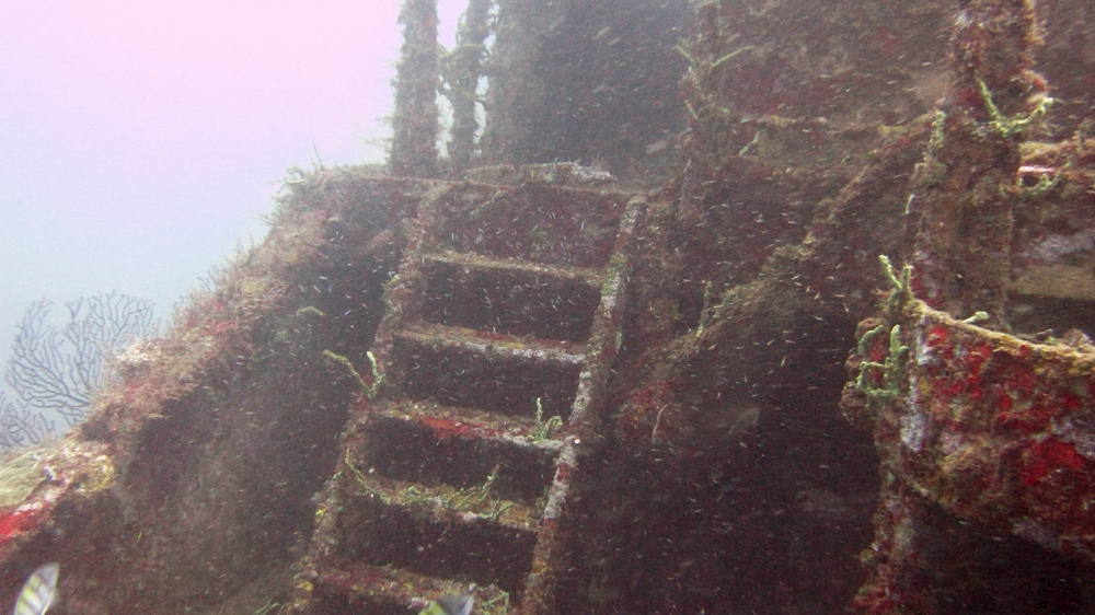 Stairs up to MV Shakem's bridge deck.