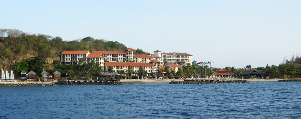 Sandals from the sea, from the watersports centre at the left, to the thatched Neptune's restaurant at the right.
