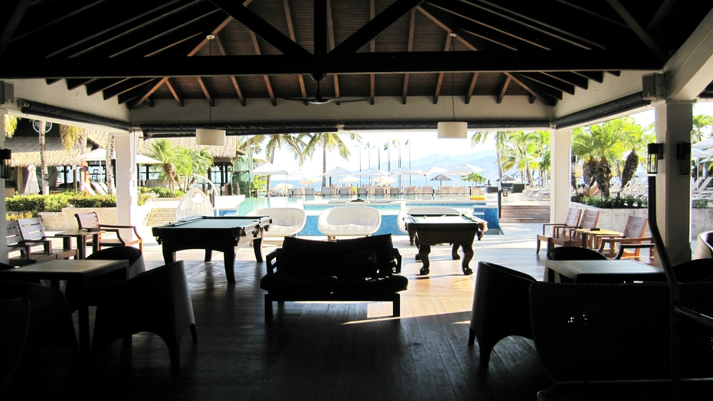 Inside the Living Room, looking out over the Quiet Pool.