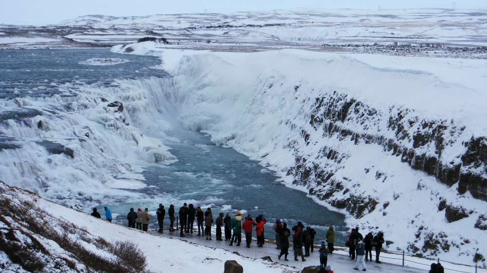 The huge Gullfoss waterfall. You can only see the upper drop in this photo.