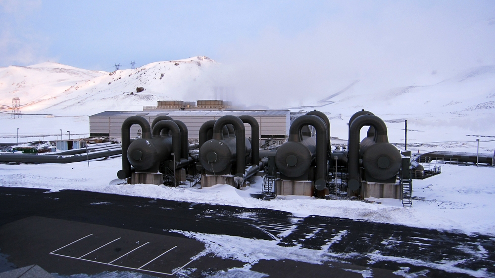 Clouds of steam drift up from the Hellisheiði energy plant. 