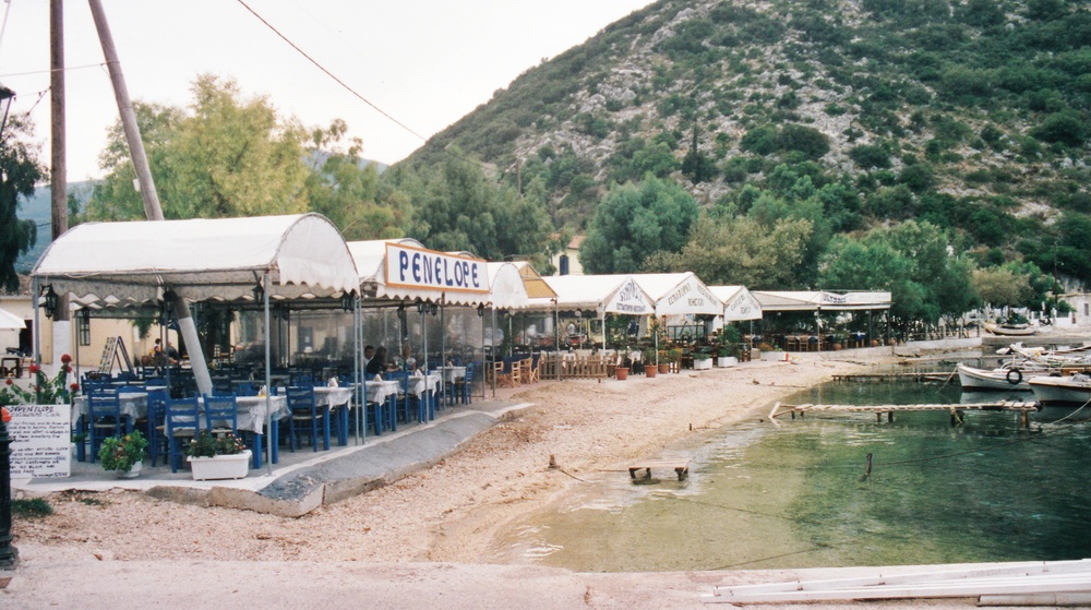 Harbourside tavernas at Frikes, Ithaca.