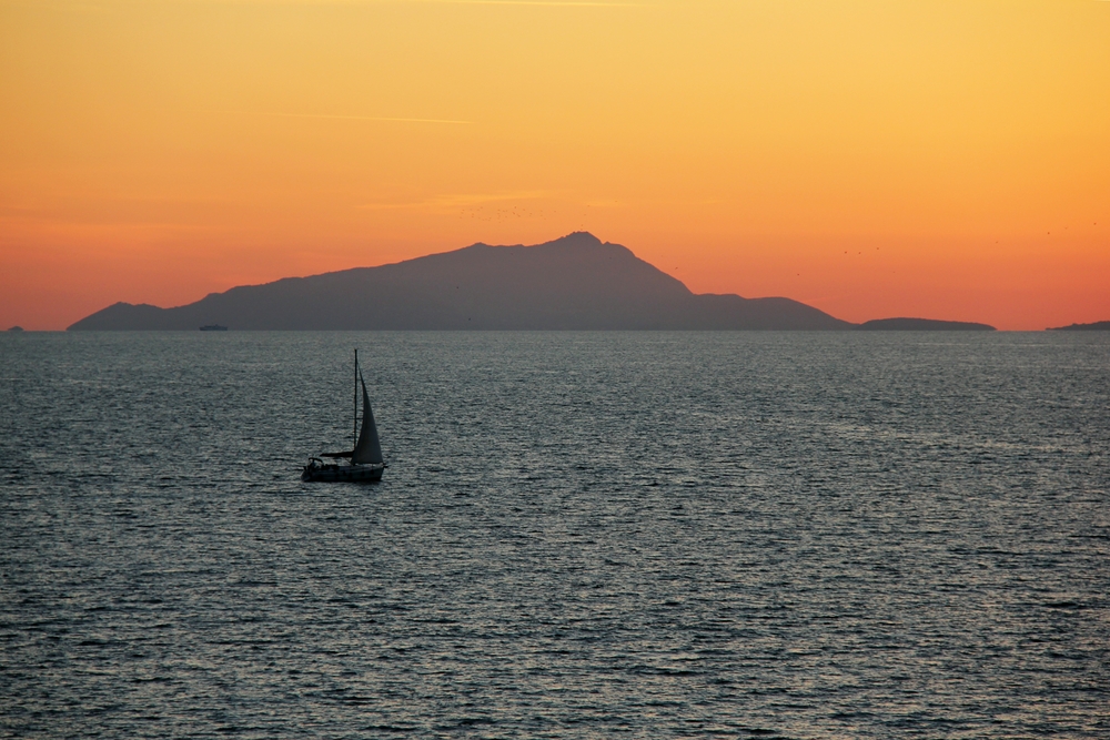 At sunset looking out from our balcony over the Bay of Naples and the island of Ischia. 