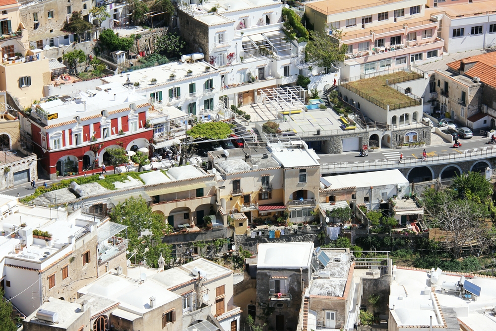 Tightly-packed houses in Positano spilling down the mountainside.