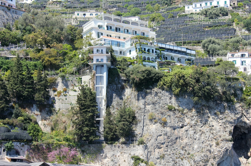 Amalfi is full of expensive and exclusive hotels, like this one with its own lift down to the bathing area on the rocks below. It was allegedly where
        Brangelina stayed a few years ago. 