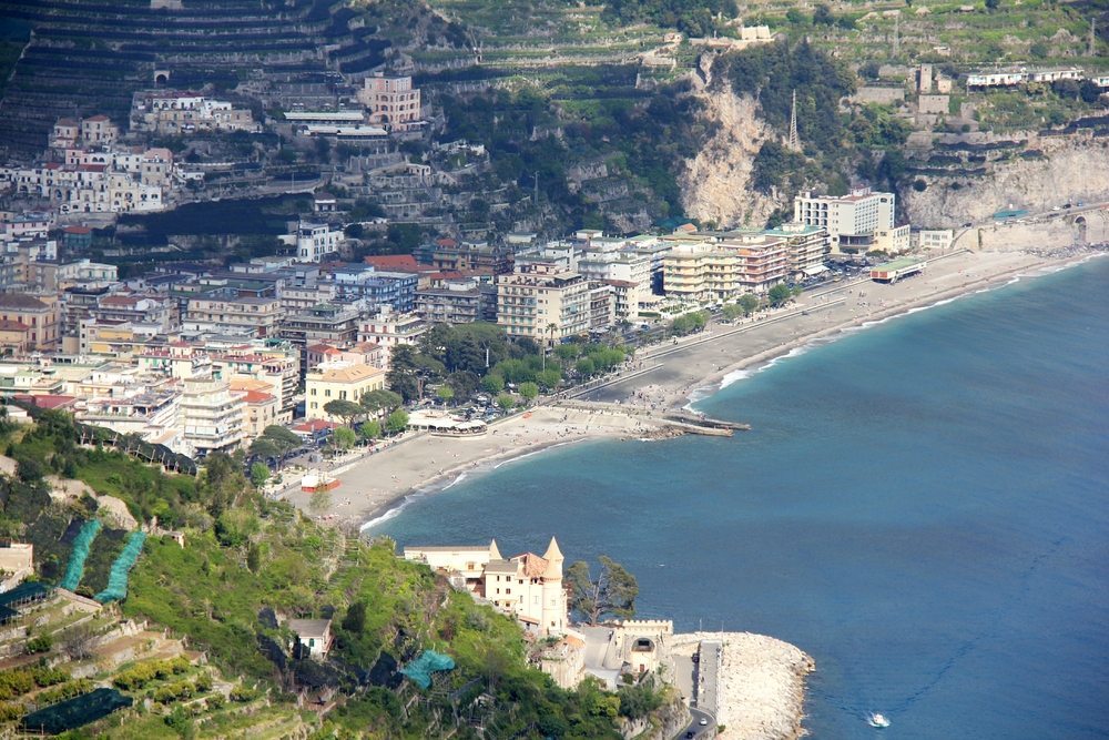 Looking down from Ravello onto the town of Maiori on the Gulf of Salerno. The beach was used as a landing-ground for Allied troops in the Second World War.