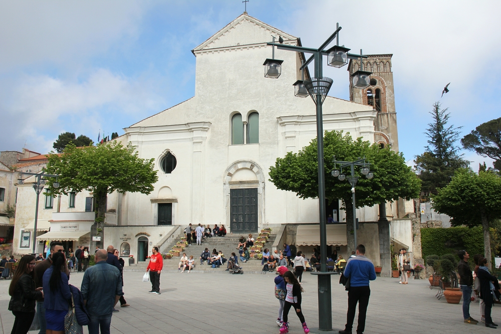 The central square and cathedral in Ravello up in the hills above Amalfi.