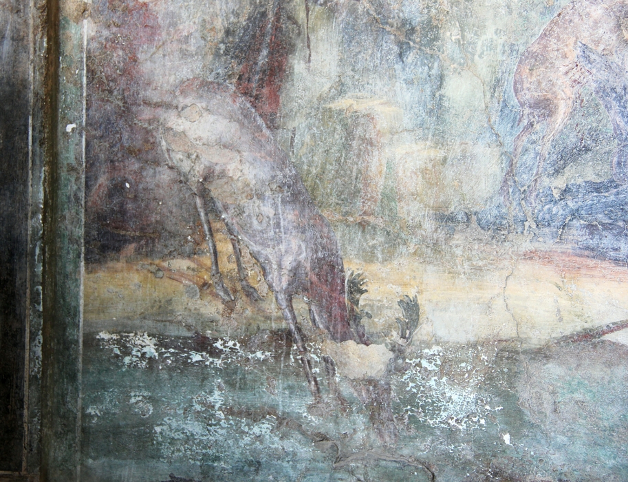 A wall-painting of a deer stooping to drink at a pool. The head of the deer is somewhat damaged.