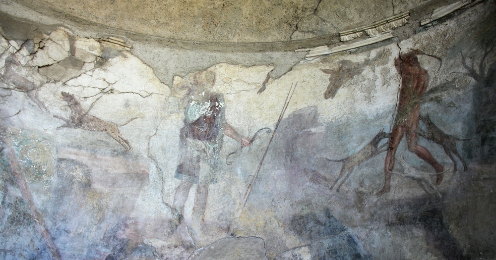 The central figure holding the bow is Diana, goddess of hunting - there is a hunting scene at top left. The figure at the right is that of Acteon,
        who surreptitiously watched her bathing naked. Diana didn't like this, and transformed Acteon into a stag and set his own hunting dogs to kill him. 