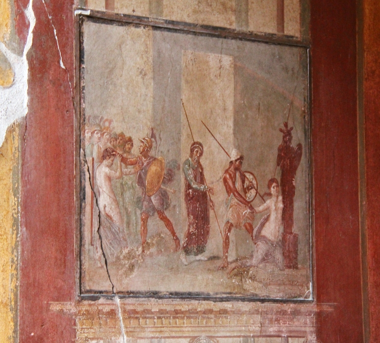 This fresco apparently represents an episode from the Trojan War: Ajax is dragging Cassandra from Palladium before the eyes of Priam.
