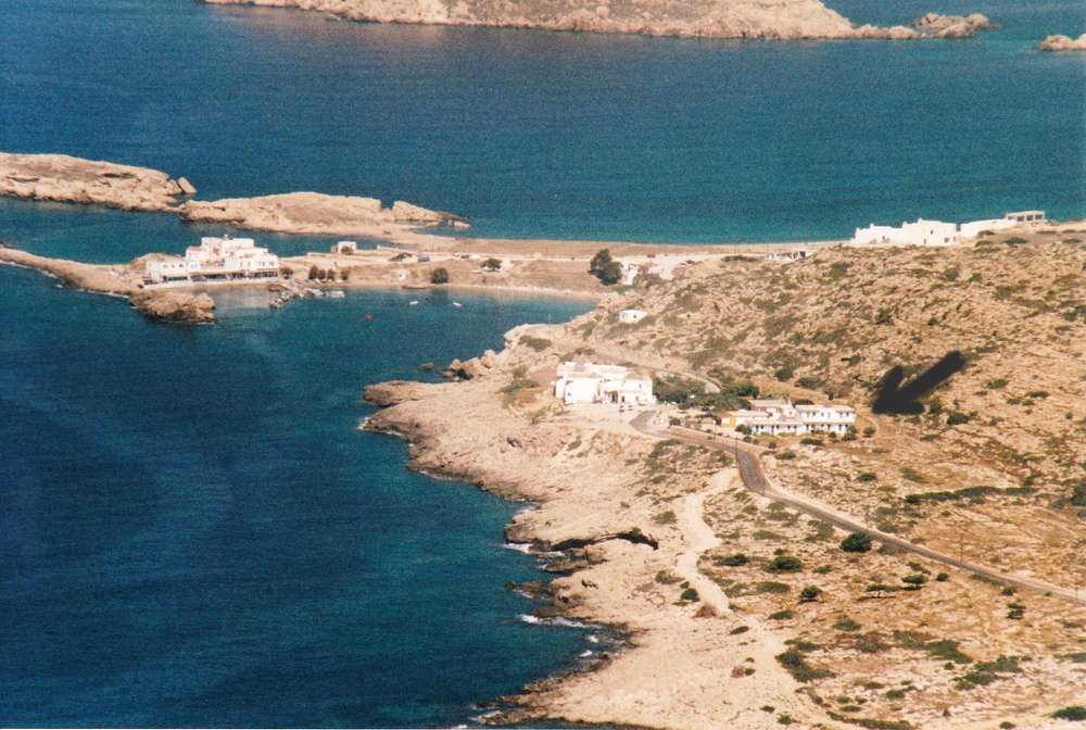 The small village of Lefkas is round the headland from Kourka Studios (arrowed).