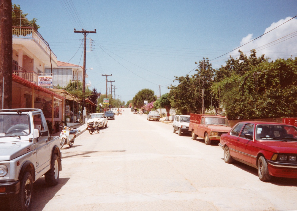 Main street, Skala, running up from the beach.