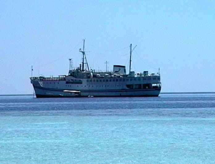 MV Ocean Paradise seen from the beach on Felidhoo