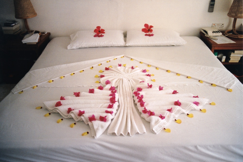 The room boy kept decorating our bed with bougainvillea and hibiscus flowers.
