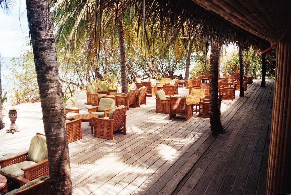 Decking in front of the bar overlooking the sea.