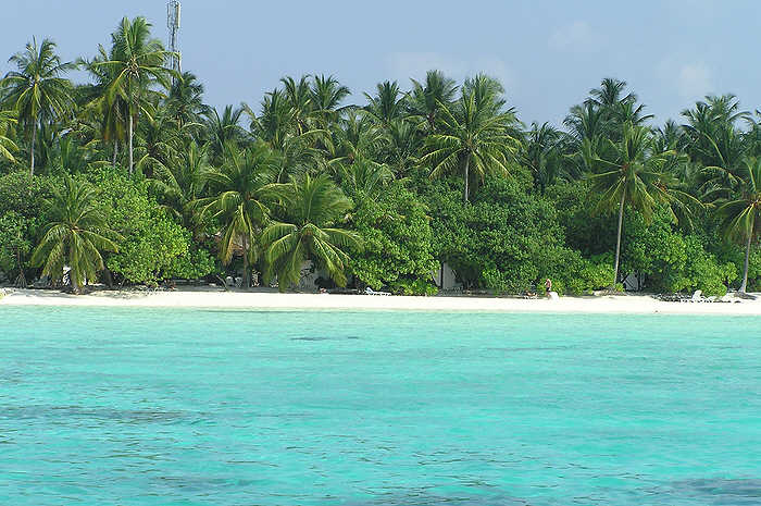 Beach on Athuruga - note the mobile phone mast ! (65k)