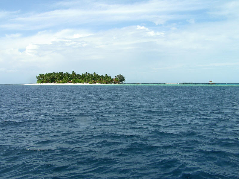 Thudufushi Island from the north, with the jetty across the reef to the right.  (83k)
