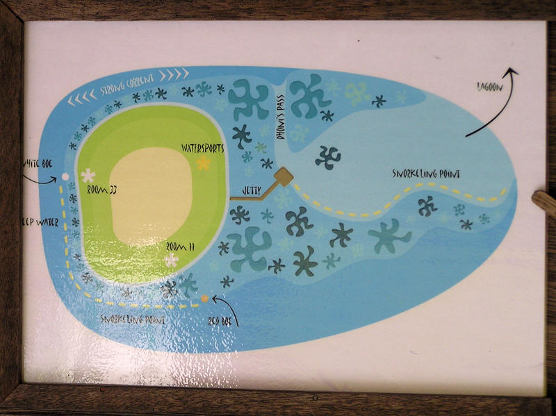 Map at the watersports centre, showing the snorkelling areas.  (76k)