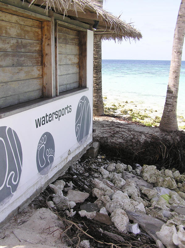 The beach has completely disappeared from herein front of the watersports centre.�You now have to collect your snorkelling gear from the door at the back.  (120k)