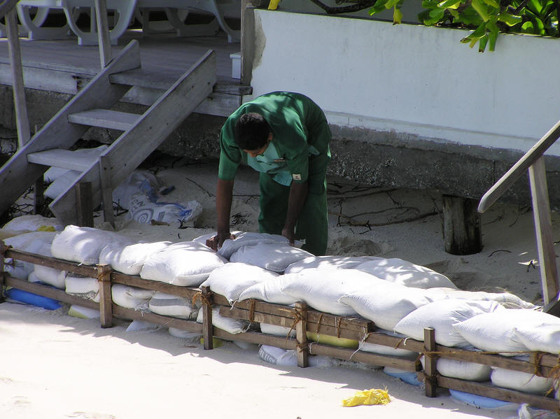 Building a sandbag wall in front of rooms 1 to 6.  (82k)